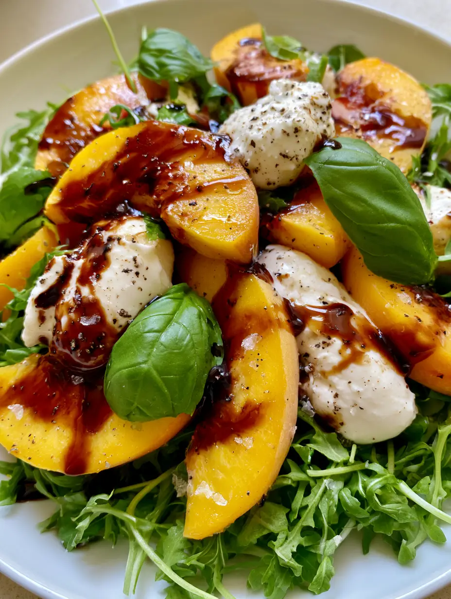Smartphone photo showing thick balsamic glaze clinging to juicy yellow peach slices and mozzarella balls. (Fresh Peach Recipes)