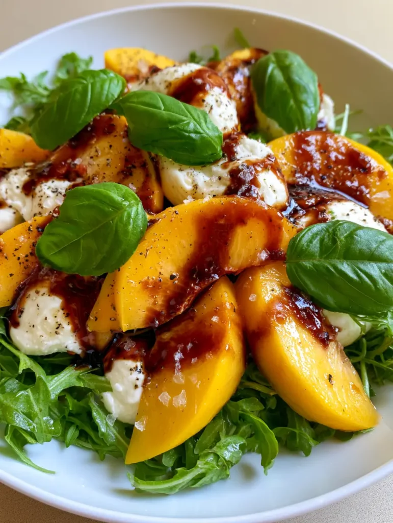 A fresh peach caprese salad on a white plate with visible cracked black pepper and sea salt crystals.