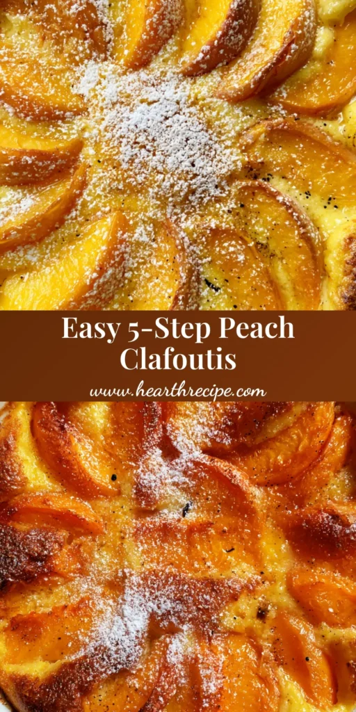 A fresh peach clafoutis in a shallow white ceramic baking dish with golden caramelized edges and powdered sugar. (Peach Clafoutis Recipe)