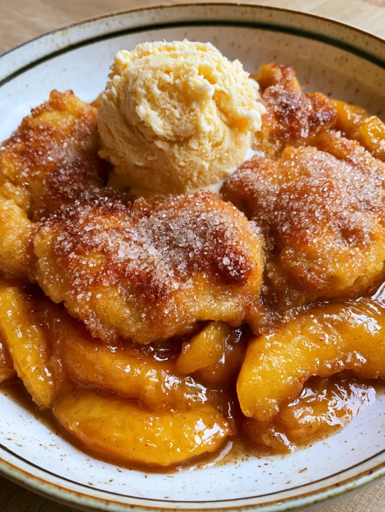 Brown Butter Peach Cobbler with Sparkling Sugar Biscuit Crust 2 A handheld smartphone photo showing a warm brown butter peach cobbler with a golden biscuit crust and melting vanilla ice cream.