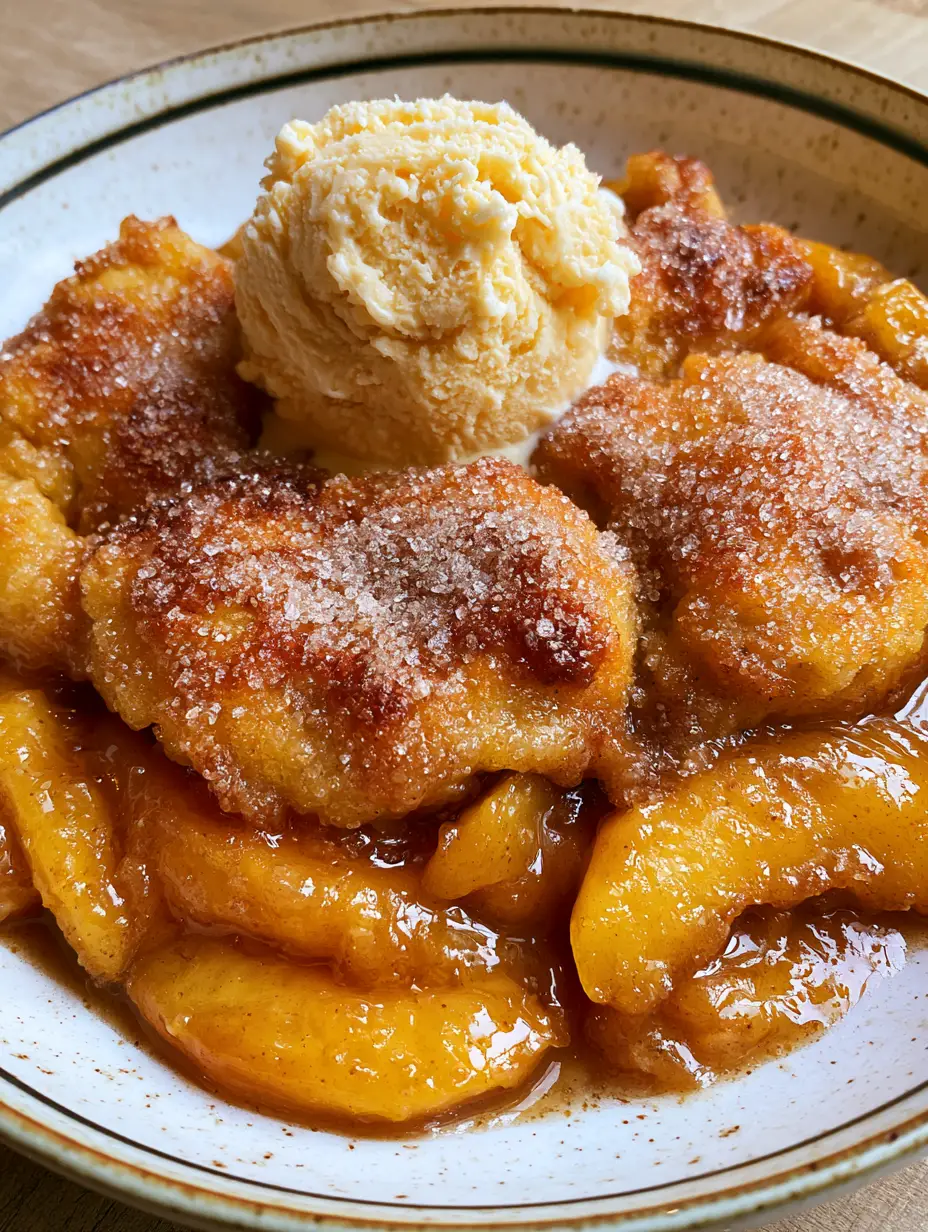 Brown Butter Peach Cobbler with Sparkling Sugar Biscuit Crust 3 A handheld smartphone photo showing a warm brown butter peach cobbler with a golden biscuit crust and melting vanilla ice cream.
