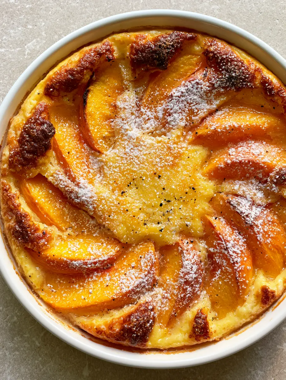 Top-down view of a Peach Clafoutis Recipe showing juicy wedges and vanilla bean specks in a white dish.