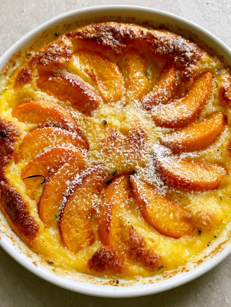 Close up photo of caramelized brown edges and soft orange peach wedges of a Peach Clafoutis Recipe.