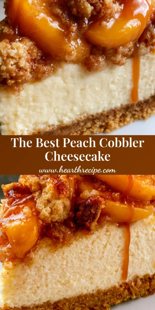 A tall slice of Peach Cobbler Cheesecake with a thick graham cracker crust, ivory filling, and glistening amber peach topping on a white plate.