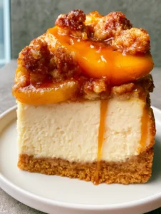 Close-up view of the matte ivory cheesecake layer and translucent amber cinnamon glaze. (Peach Cobbler Cheesecake)