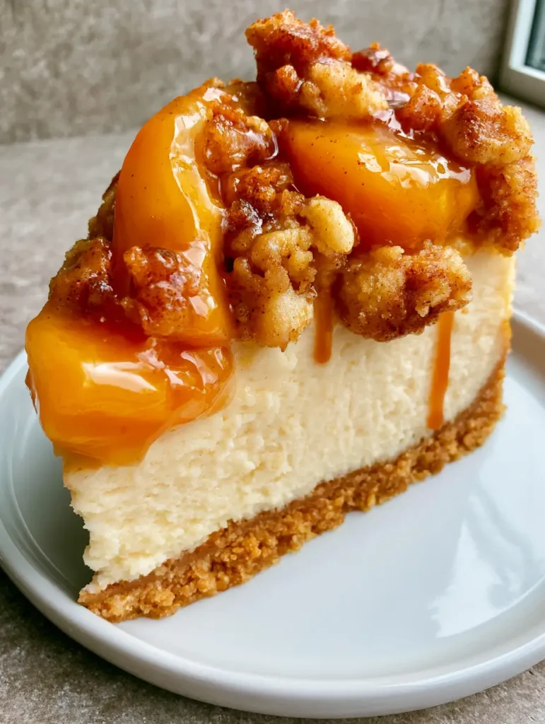 Golden-brown butter streusel chunks topping the peach cobbler cheesecake.