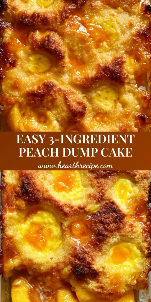 Peach Dump Cake: The Ultimate Gooey-Crisp Dessert with a Golden Buttery Crust 4 A close-up of a Peach Dump Cake in a glass dish featuring a golden-brown crust with circular butter pockets and bubbling amber peach syrup.