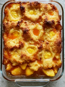 Overhead handheld photo of Peach Dump Cake on a grey stone countertop, showing the uneven golden peaks of the cake mix crust.