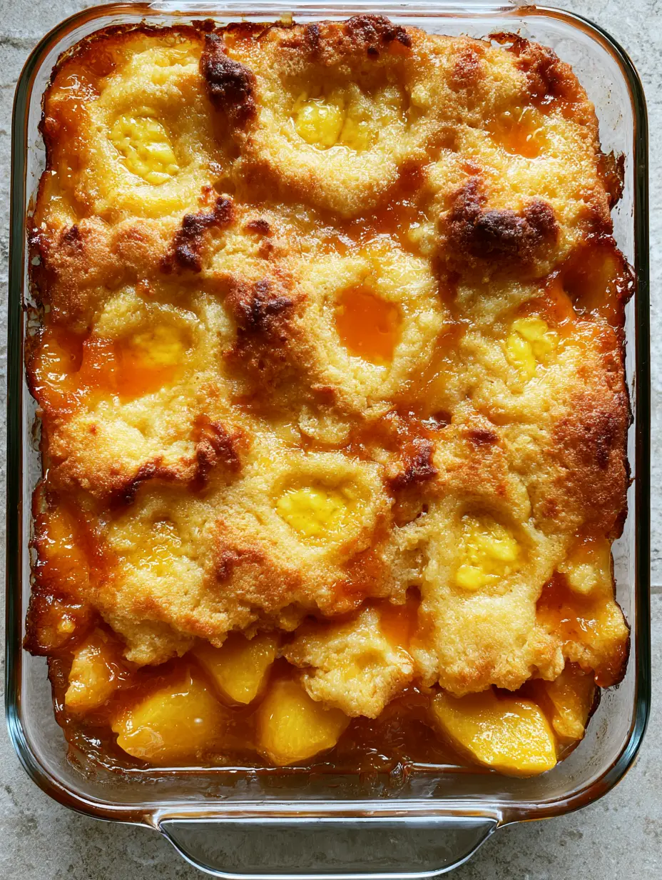 Peach Dump Cake: The Ultimate Gooey-Crisp Dessert with a Golden Buttery Crust 3 Overhead handheld photo of Peach Dump Cake on a grey stone countertop, showing the uneven golden peaks of the cake mix crust.