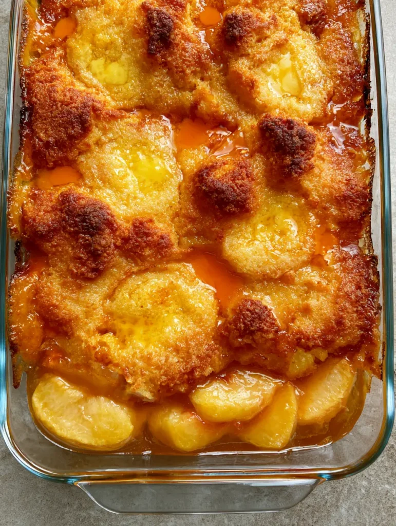 Peach Dump Cake: The Ultimate Gooey-Crisp Dessert with a Golden Buttery Crust 1 Side view of Peach Dump Cake in a clear glass dish, highlighting the thick sliced peaches and translucent amber syrup.