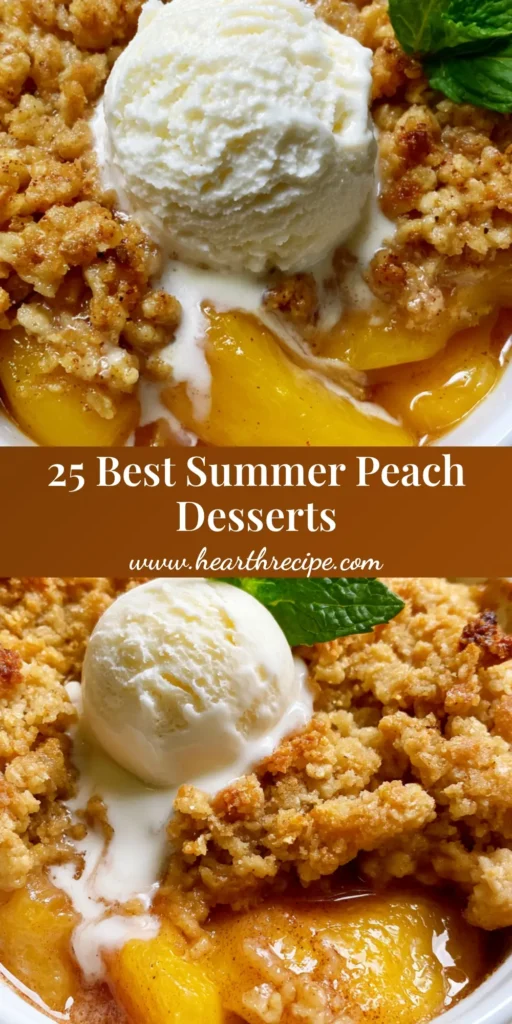 A warm individual peach crumble in a white ceramic ramekin topped with a melting scoop of vanilla bean ice cream and fresh mint leaves. (Peach Recipes)
