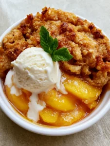 Close up of golden brown buttery oat crumble topping with toasted edges on a peach dessert. (Peach Recipes)