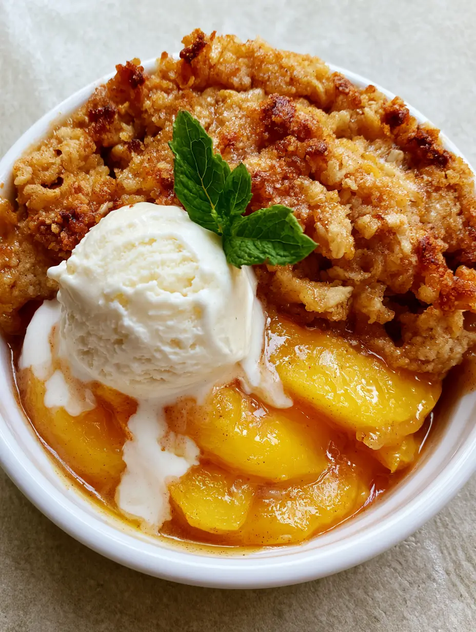 Close up of golden brown buttery oat crumble topping with toasted edges on a peach dessert. (Peach Recipes)