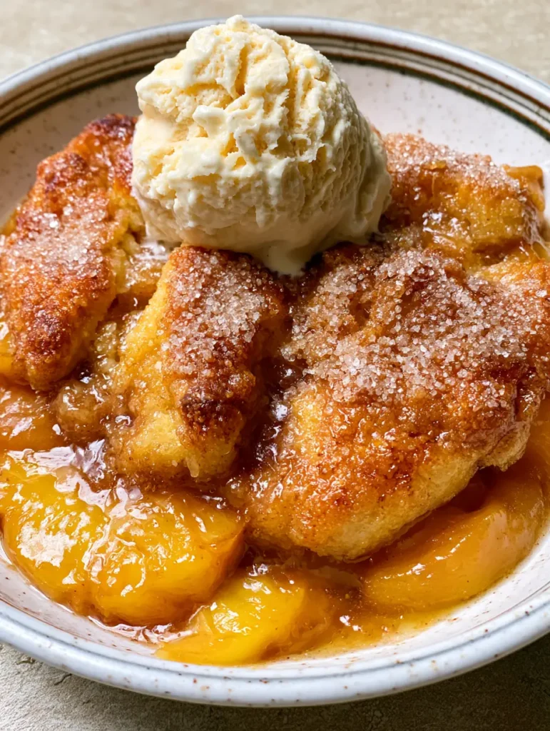 Brown Butter Peach Cobbler with Sparkling Sugar Biscuit Crust 1 Detailed view of the sparkling sugar crystals on the caramelized biscuit crust of a brown butter peach cobbler.