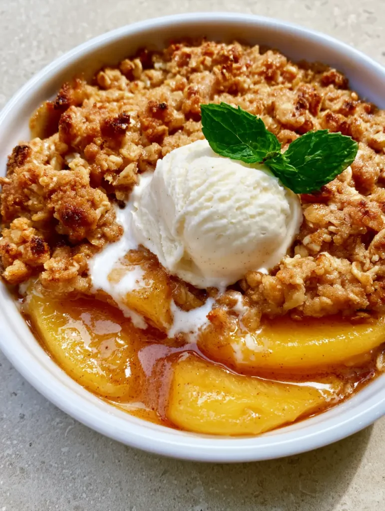 A handheld photo of a warm peach crumble with creamy white streaks of melting vanilla ice cream pooling into amber peach syrup.