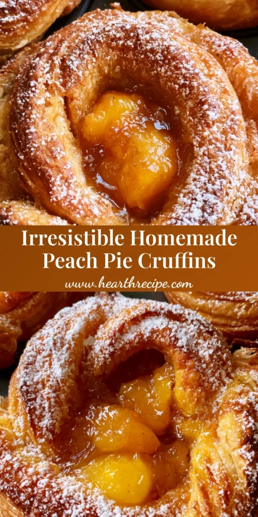 A dark muffin tin filled with golden-brown Peach Pie Cruffins featuring spiraled pastry and glossy fruit centers. (Peach Pie Cruffins)