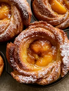 Top-down view of flaky Peach Pie Cruffins with shattered crispy edges and powdered sugar dusting. (Peach Pie Cruffins)