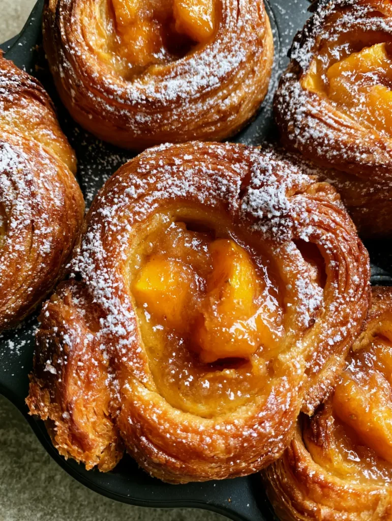 Close-up of a single Peach Pie Cruffin showing the thick orange-hued peach preserves and syrupy glaze.