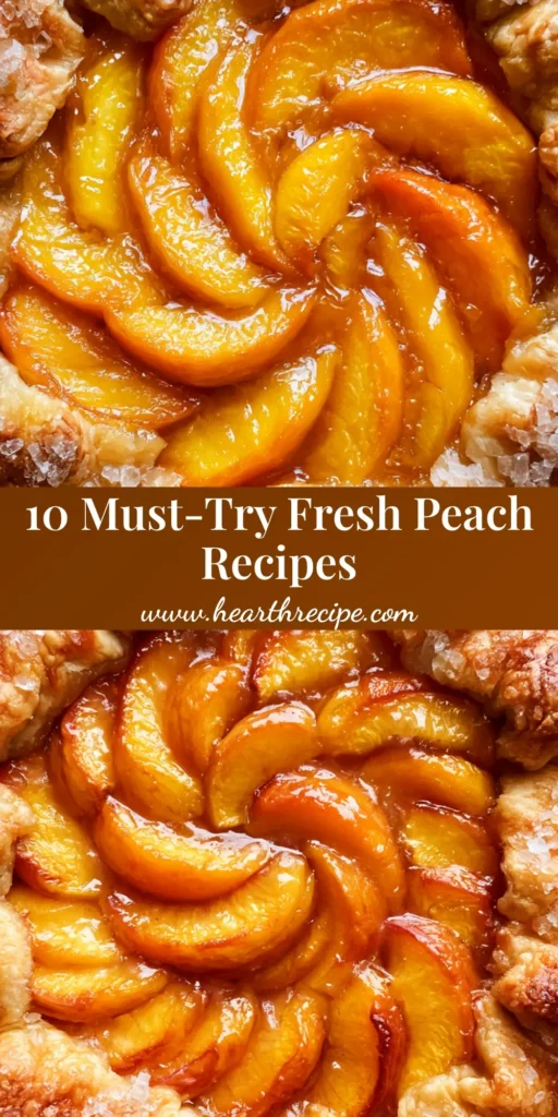 A top-down view of a rustic peach galette with concentric peach circles and sugar-dusted crust. (fresh peach recipes)