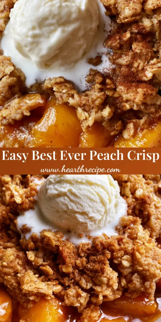 A rustic Peach Crisp Recipe in a white ceramic dish featuring a golden oat topping, bubbling caramelized peaches, and a melting scoop of vanilla ice cream.