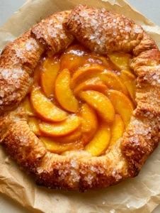 Close-up of golden-brown crimped pastry crust with large turbinado sugar crystals. (fresh peach recipes)