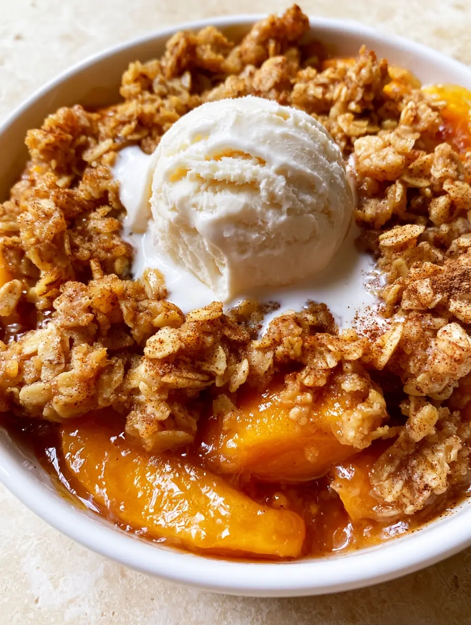 Top-down angled view of a Peach Crisp Recipe with glistening orange peaches and thick caramelized syrup. (Peach Crisp Recipe)