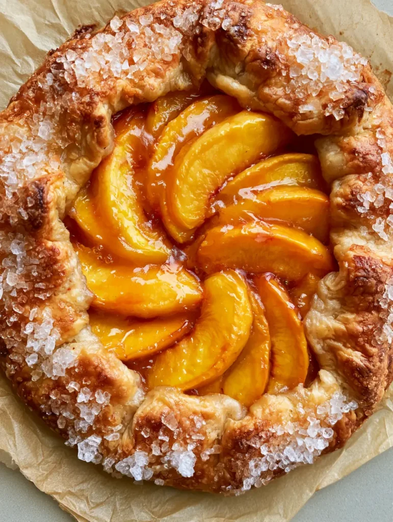 Slices of vibrant orange peaches arranged in concentric circles with a glistening clear glaze. (fresh peach recipes)