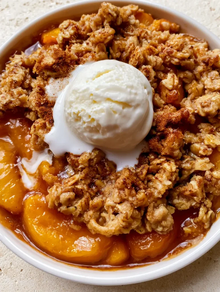 A dense coating of toasted rolled oats and brown sugar clusters on a Peach Crisp Recipe.