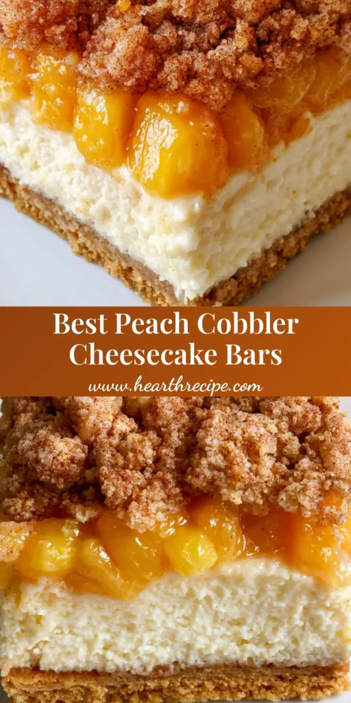 A close-up shot of a square Peach Cobbler Cheesecake Bar featuring a thick graham cracker crust, creamy white cheesecake, glistening diced peaches, and a golden cinnamon streusel on a white plate.