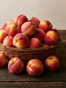 A close-up handheld photo of ripe yellow and red peaches in a wicker basket on rustic wood. (Peach Recipes)
