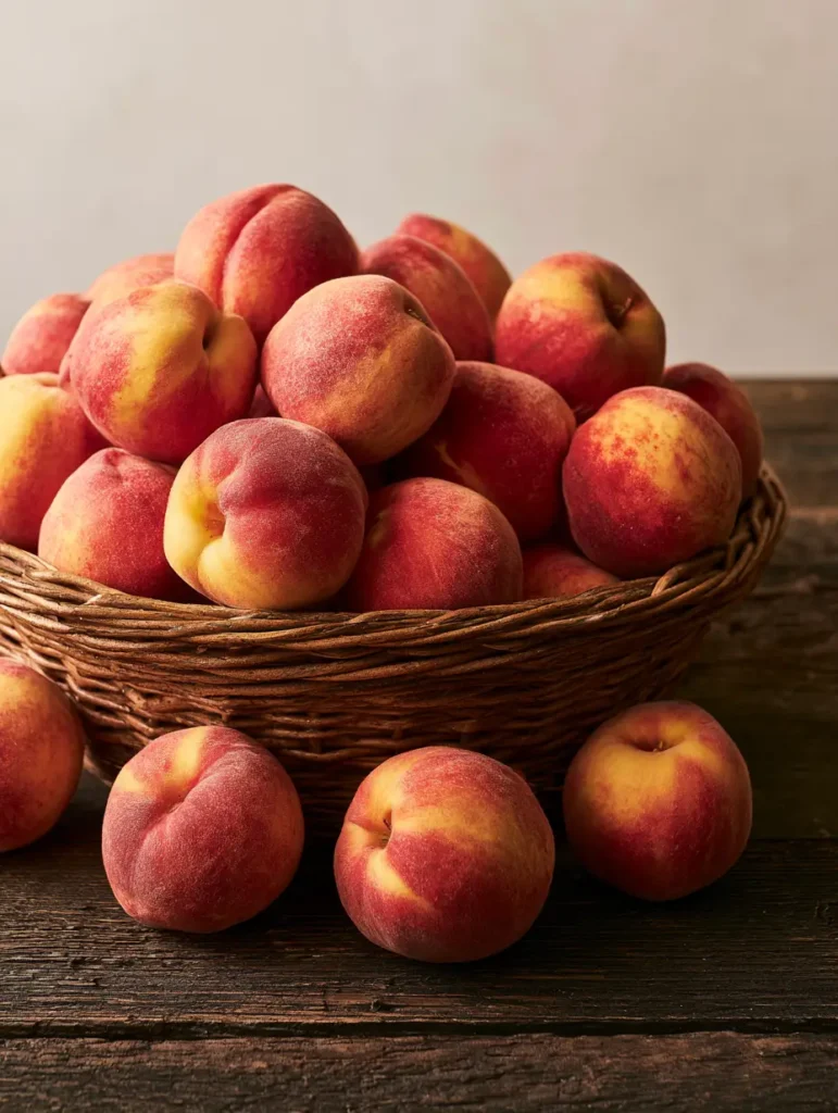 Peach Recipes: The Ultimate Guide to Ripe, Juicy Summer Stone Fruit 2 A close-up handheld photo of ripe yellow and red peaches in a wicker basket on rustic wood. (Peach Recipes)