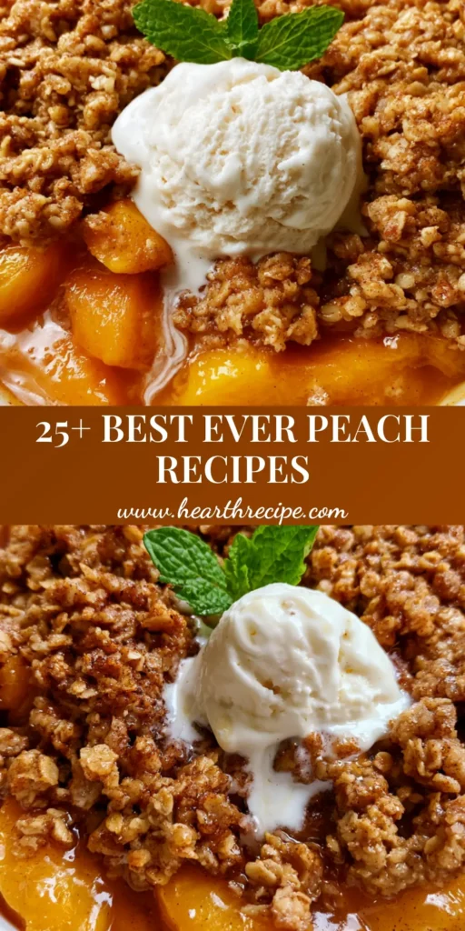 A rustic peach crisp in a white dish with a scoop of melting ice cream and mint. (Sweet Peach Recipes)