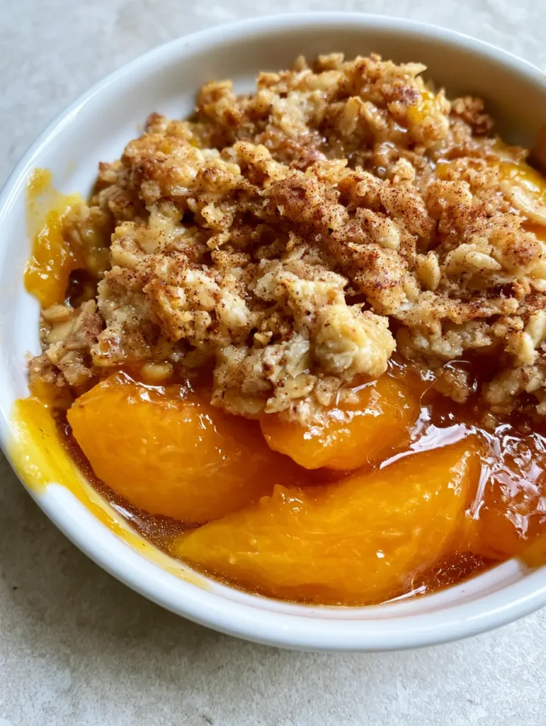 Easy Fresh Peach Crisp with Toasted Oat Crumble 2 Detailed view of glistening orange peaches and thick amber syrup in an Easy Fresh Peach Crisp.
