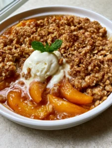 Overhead shot of bubbling peaches in amber syrup with golden oat topping. (Sweet Peach Recipes)
