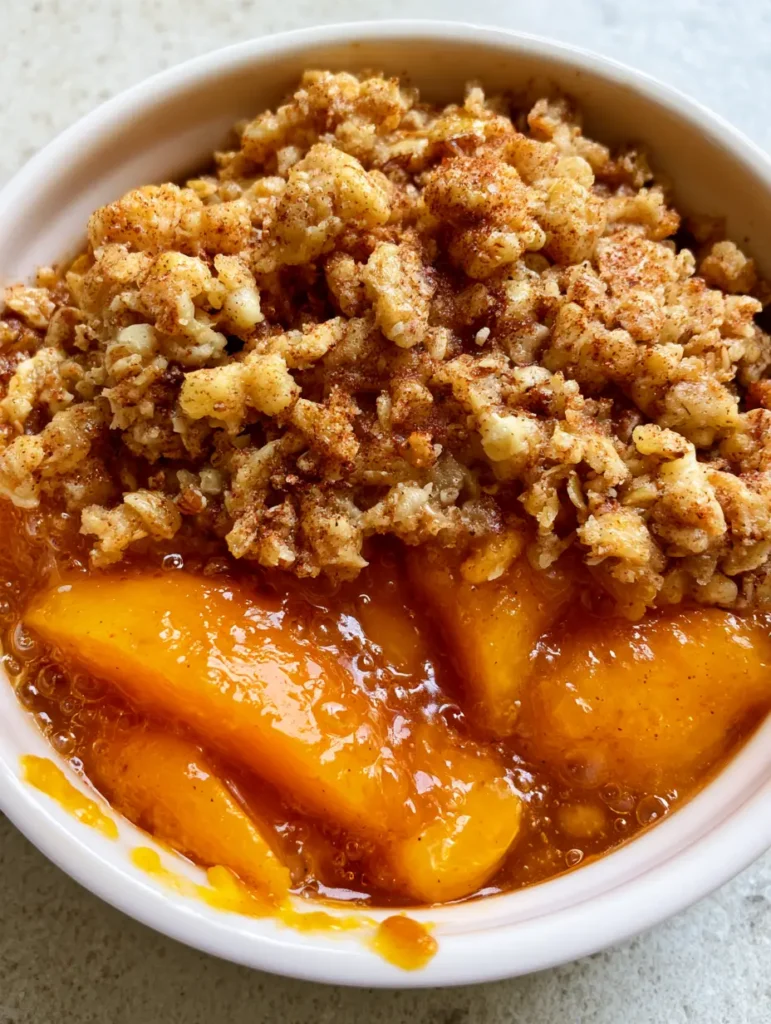 Easy Fresh Peach Crisp with Toasted Oat Crumble 1 Rustic golden-brown crumble topping with toasted rolled oats and butter clusters on an Easy Fresh Peach Crisp.