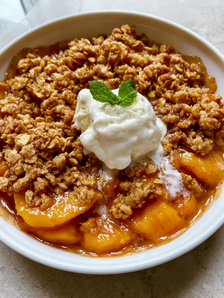 Close up of a scoop of vanilla bean ice cream melting into a warm peach crisp. (Sweet Peach Recipes)