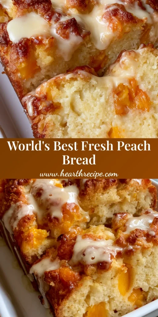 A rectangular loaf of Peach Bread with a thick white sugar glaze and golden crust on a white plate.